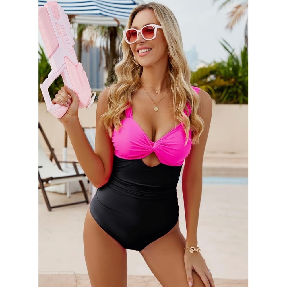CICIBIRD Color‎ Block One Piece Swimsuit - Tie Back, Ruched, Tummy Control L